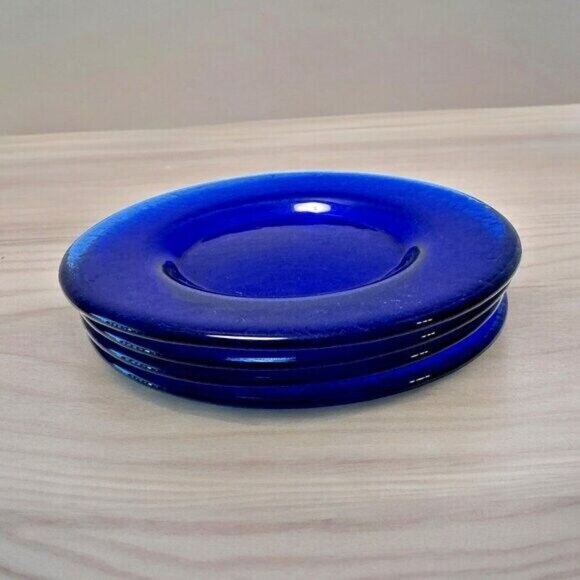 Vintage 4 Glass Cobalt Blue Desert Snack Plates Texturized 8 inches wide - Picture 2 of 5
